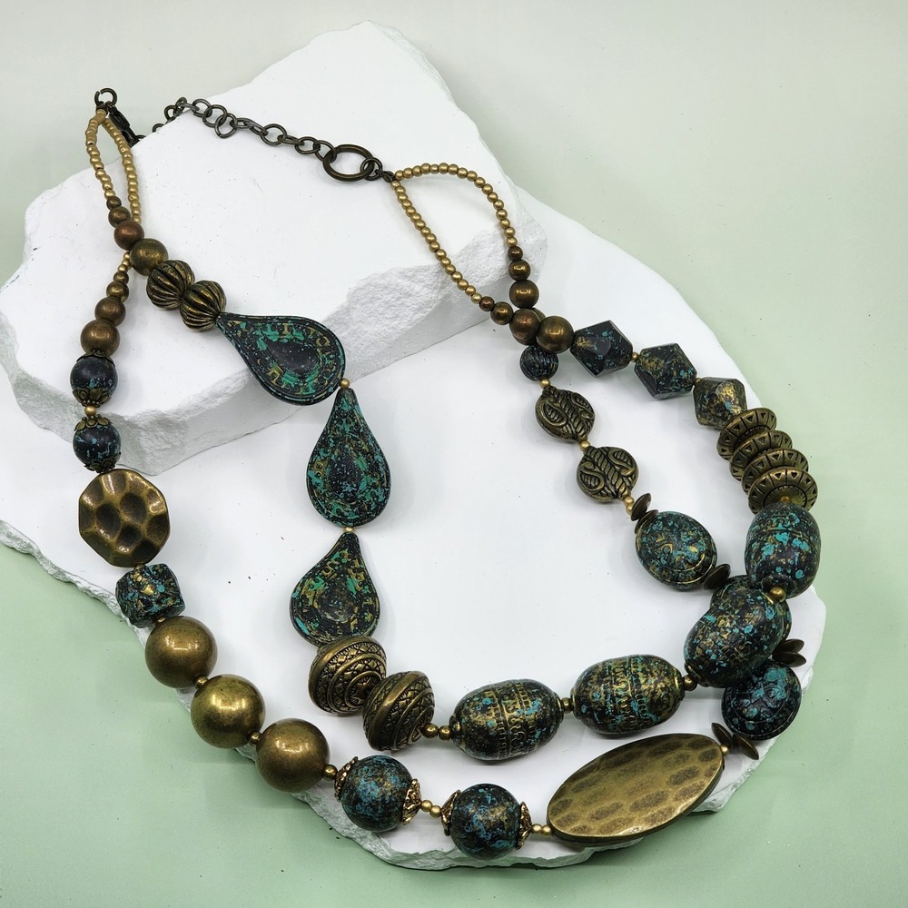 Patina Turquoise & Bronze Tone Layered Ceramic Bead Statement Necklace Tribal